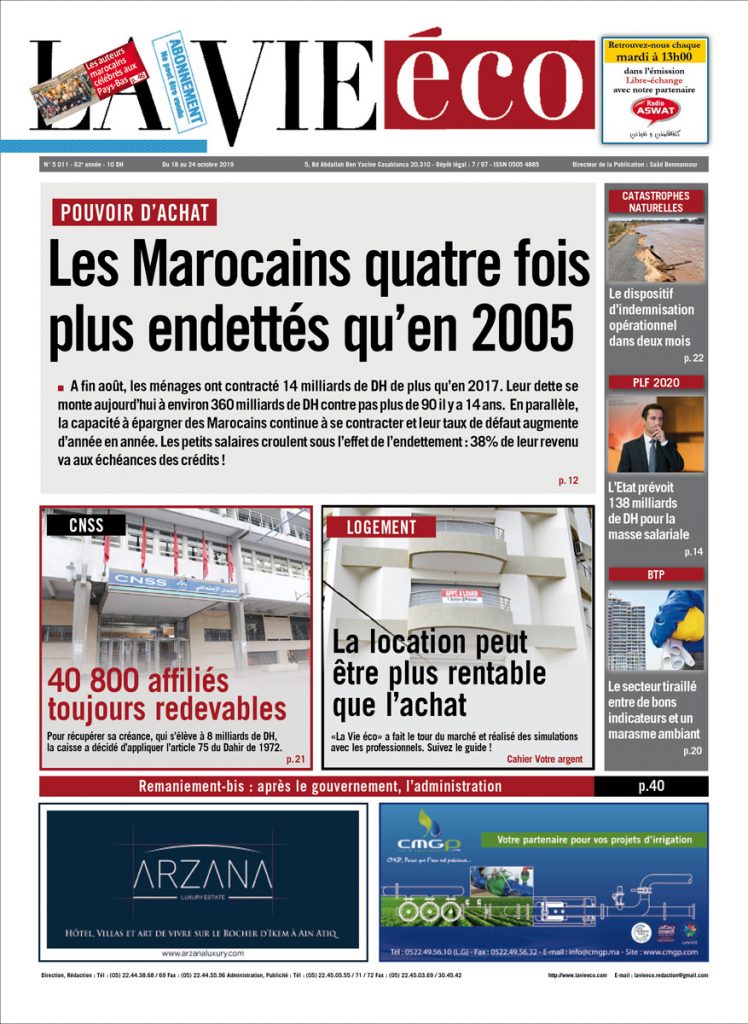 La Une La Vie eco du 18 Octobre 2019