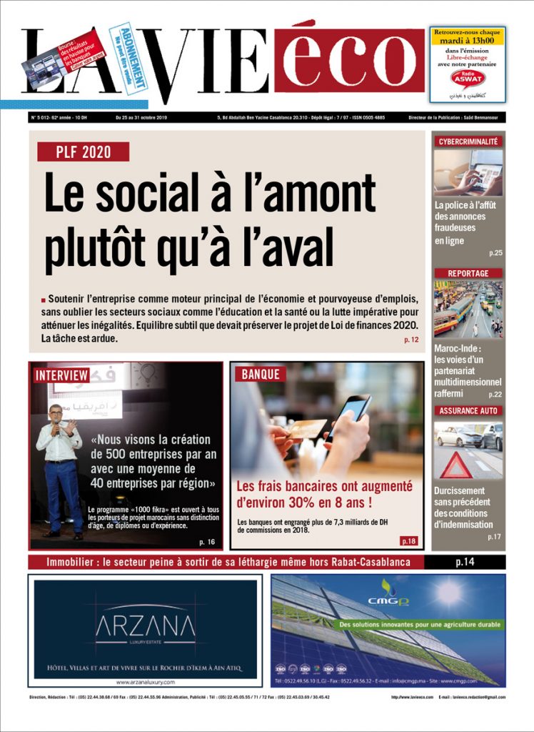 PLF 2020 : La UNE de La Vie éco du 25 Octobre 2019