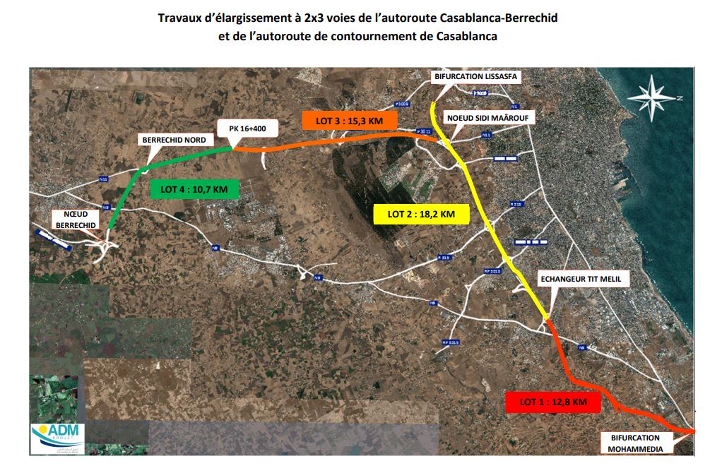 élargissement à 2x3 voies de l’autoroute Casablanca-Berrechid et de l’autoroute de contournement de Casablanca