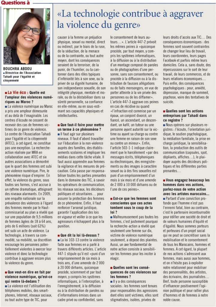 Questions à Bouchra Abdou, Directrice de l’Association Tahadi pour l’égalité et citoyenneté