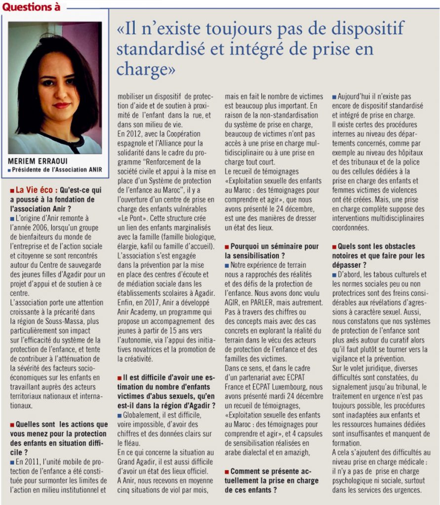 Abus sexuels à l’égard des enfants : Questions à Meriem Erraoui, Présidente de l’Association ANIR