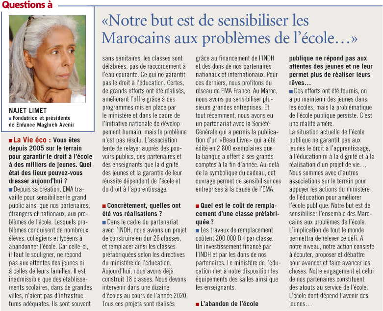 Abandon scolaire : Questions à Najet Limet, Fondatrice et présidente de Enfance Maghreb Avenir Abandon scolaire : Questions à Najet Limet, Fondatrice et présidente de Enfance Maghreb Avenir