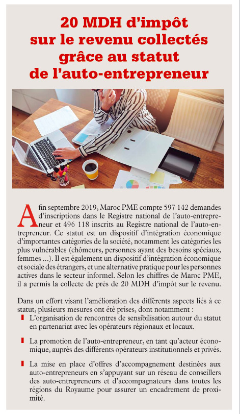 20 MDH d’impôt sur le revenu collectés grâce au statut de l’auto-entrepreneur 20 MDH d’impôt sur le revenu collectés grâce au statut de l’auto-entrepreneur