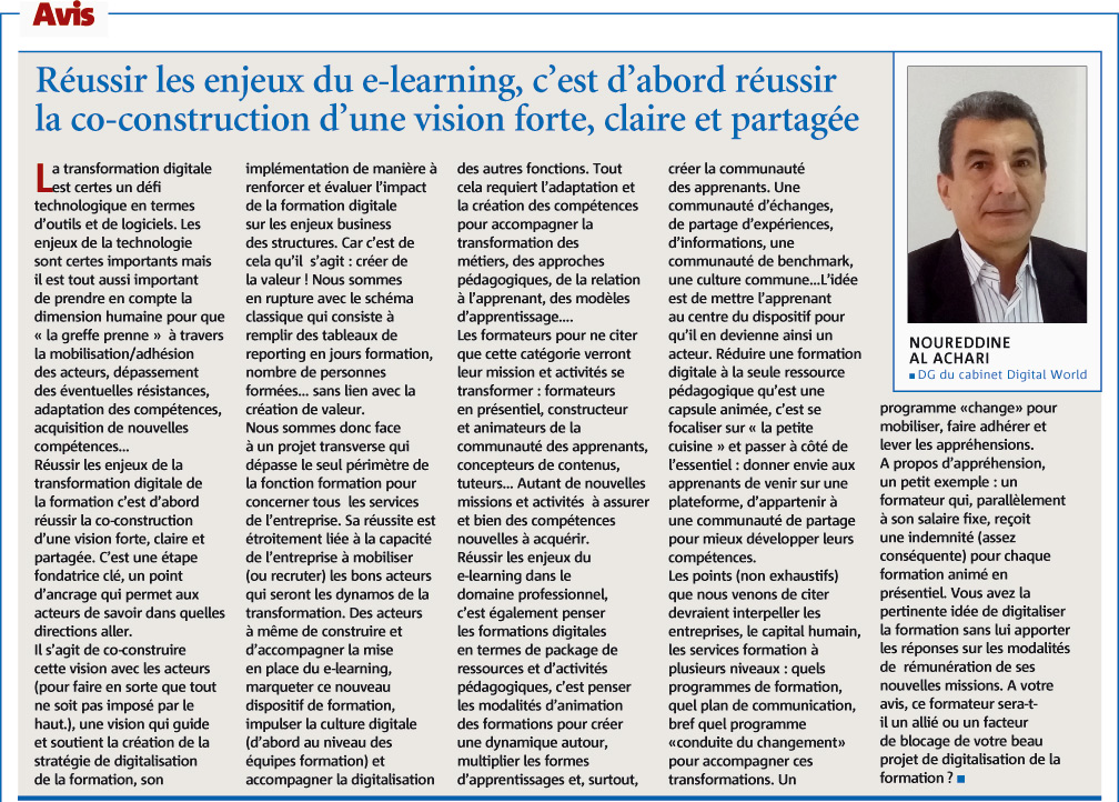 E-learning en entreprise : Avis de Noureddine Al Achari, DG du cabinet Digital World E-learning en entreprise : Avis de Noureddine Al Achari, DG du cabinet Digital World